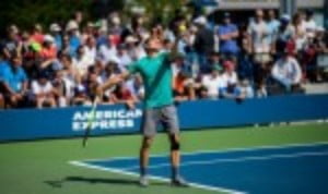 David Goffin plays Andrey Rublev on Louis Armstrong Court on Monday