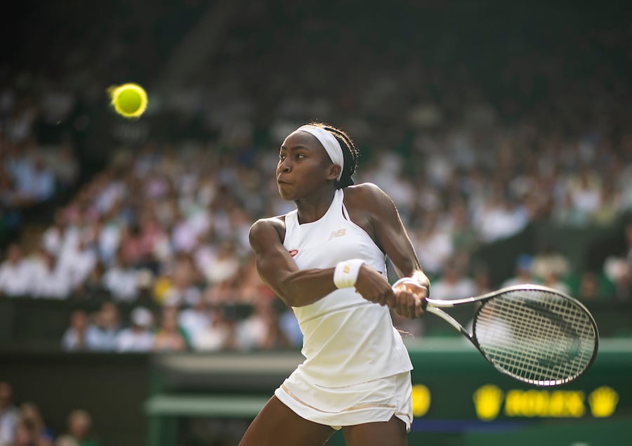 Cori Gauff hits a backhand at Wimbledon 2019