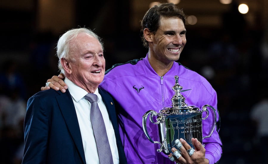 Rafa Nadal holds US Open 2019 trophy with Rod Laver.jpg