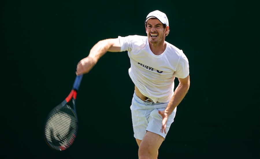 Andy Murray serves in practise at Wimbledon
