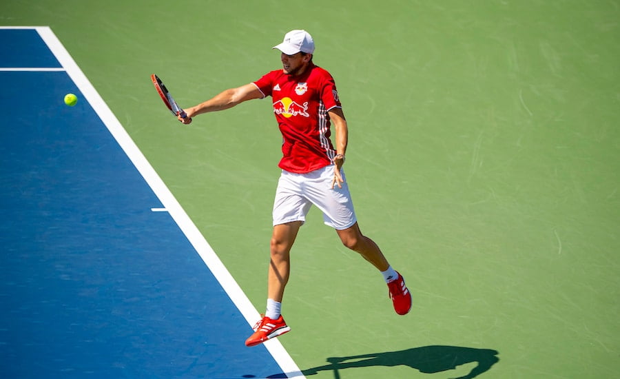 Dominic Thiem practises at US Open backhand.jpg