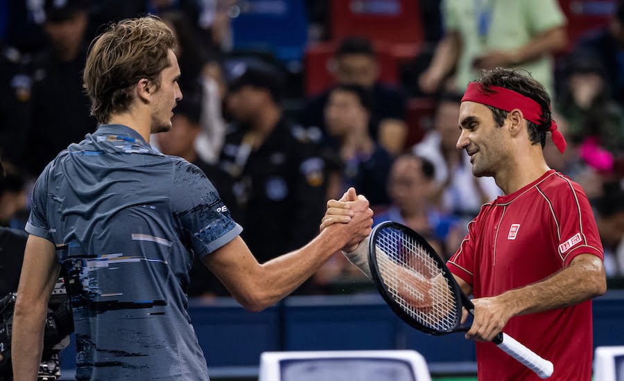 Roger Federer shakes hands with Alexander Zverev after match in Shanghai 2019.jpg