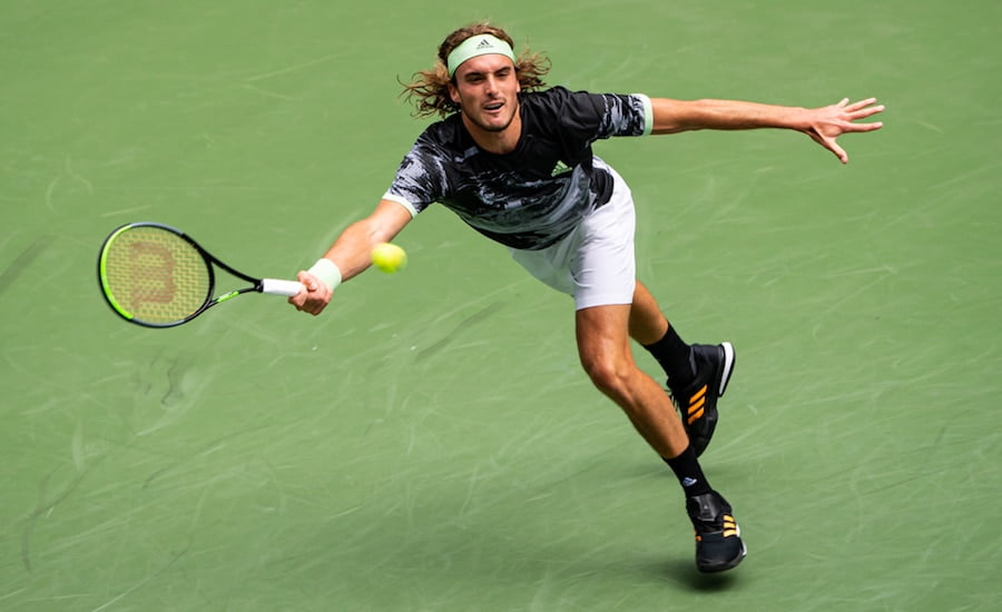 Stefanos Tsitsipas reaches for a shot at US pen 2019