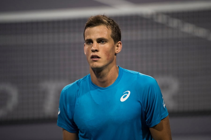 Stan Vasek Pospisil looks concerned in heated discussion with Roger Federer