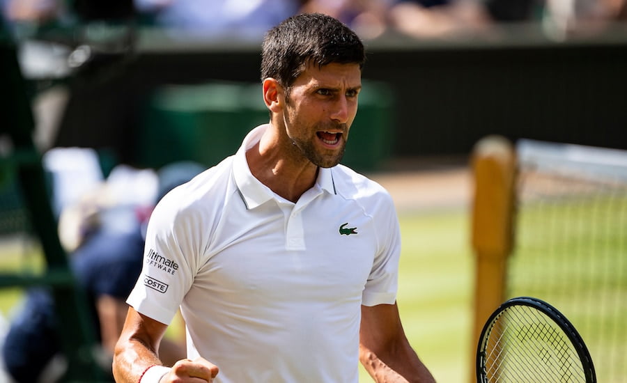 Novak Djokovic cheers at Wimbledon 2019