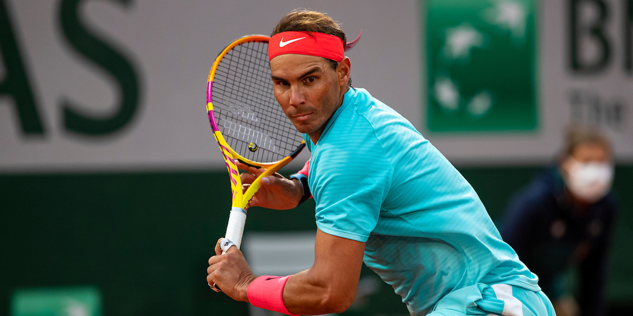 Rafa Nadal stretches for a backhand at French Open 2020.jpg