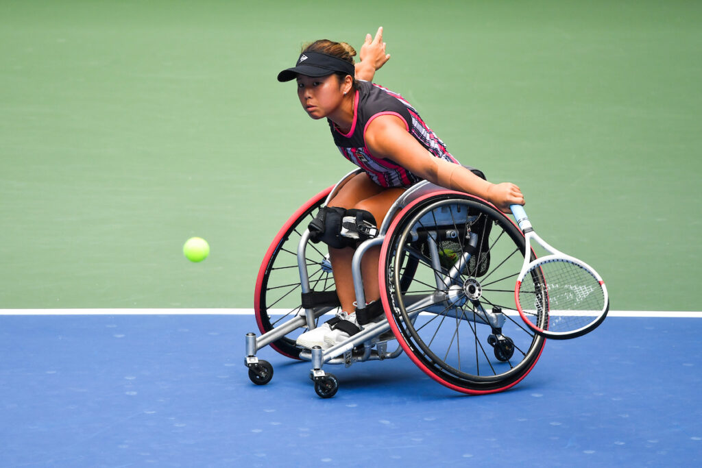 Yui Kamiji in action against Angelica Bernal during a wheelchair women's singles Semifinal match at the 2020 US Open.