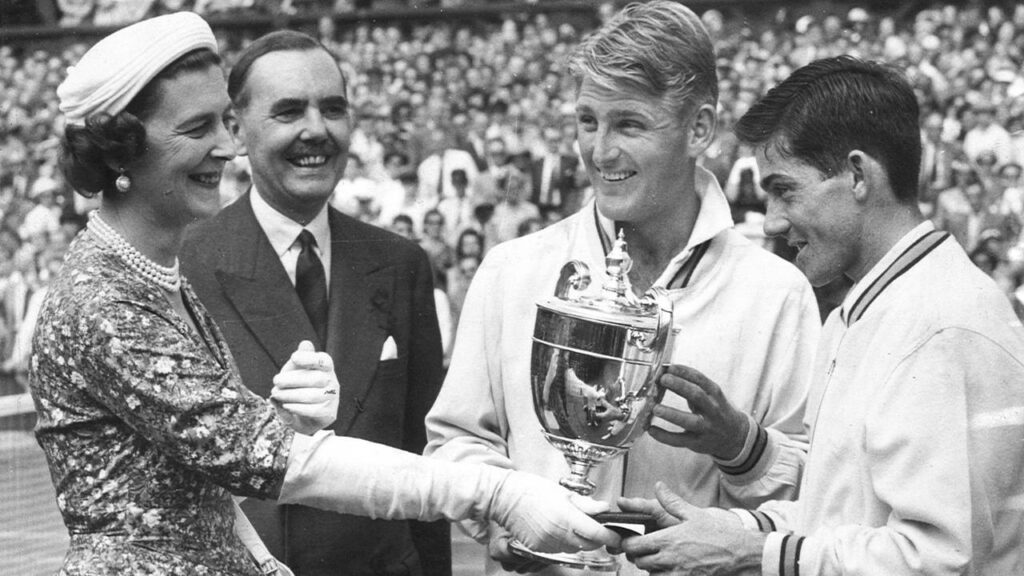 Lew Hoad (left) and Ken Rosewall, who both beat John Barrett at The Championships, contested the Wimbledon final in 1956