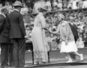 Queen Mary present Suzanne Lenglen with one of 34 commemorative medals that were given to surviving champions in 1926