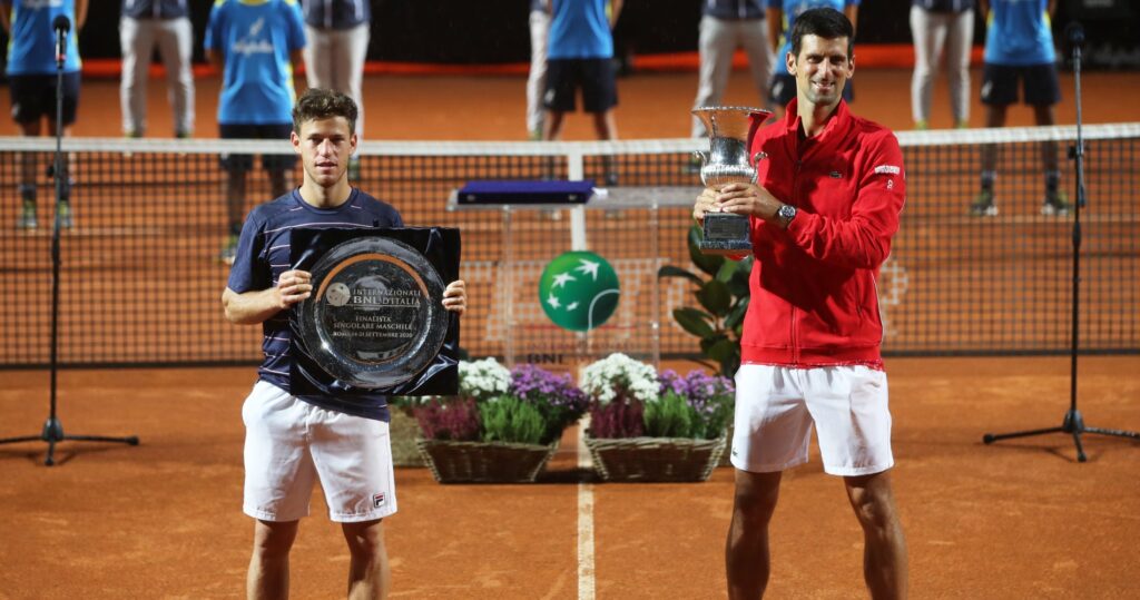 Diego Schwartzman with Novak Djokovic at the presentation ceremony at the 2020 Rome Masters