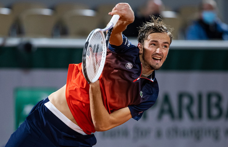 Daniil Medvedev serves at French Open 2020