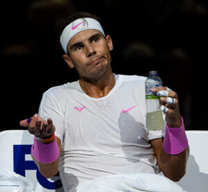 Rafael Nadal looks perplexed at the ATP Finals in London in 2019